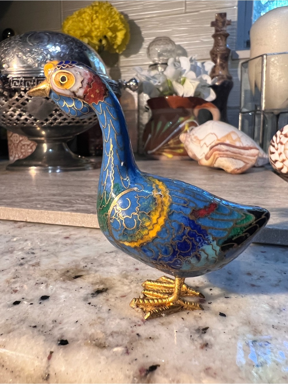 Decorative Tiny Blue Cloisonné Bird Figurine